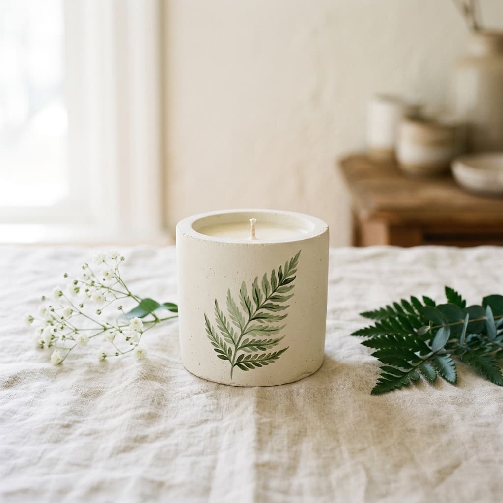 A soy candle in a small cream concrete pot painted with a green fern frond