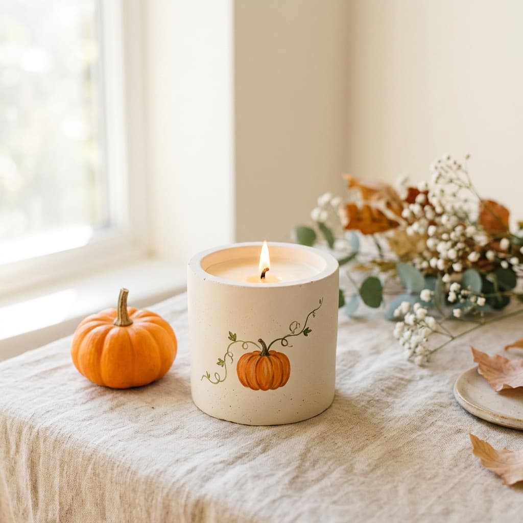 A lit candle painted with a small pumpkin