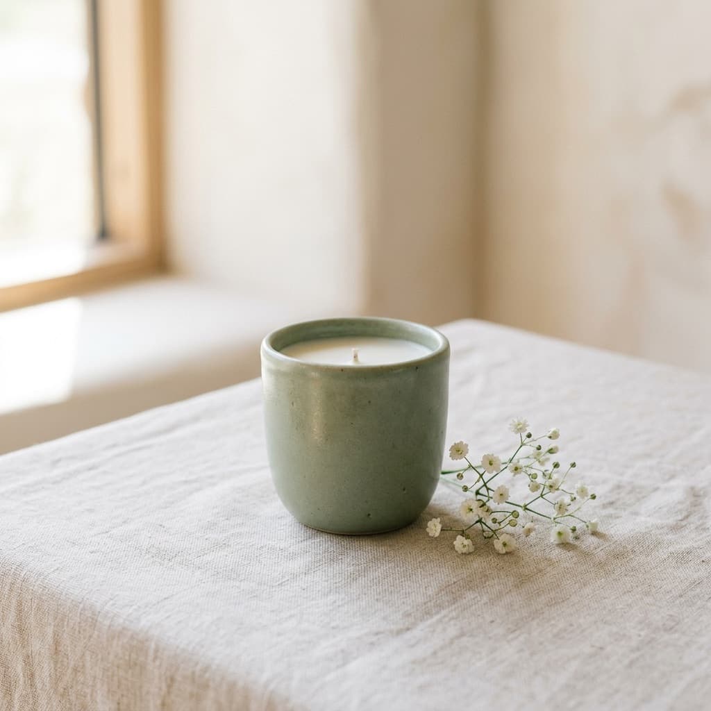 An unscented white soy candle in a sage-green ceramic tumbler