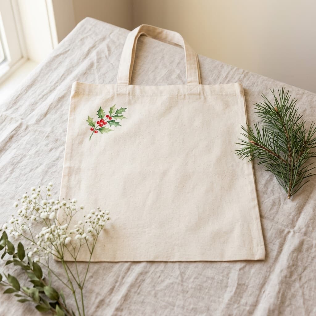A cotton tote with a painted sprig of holly