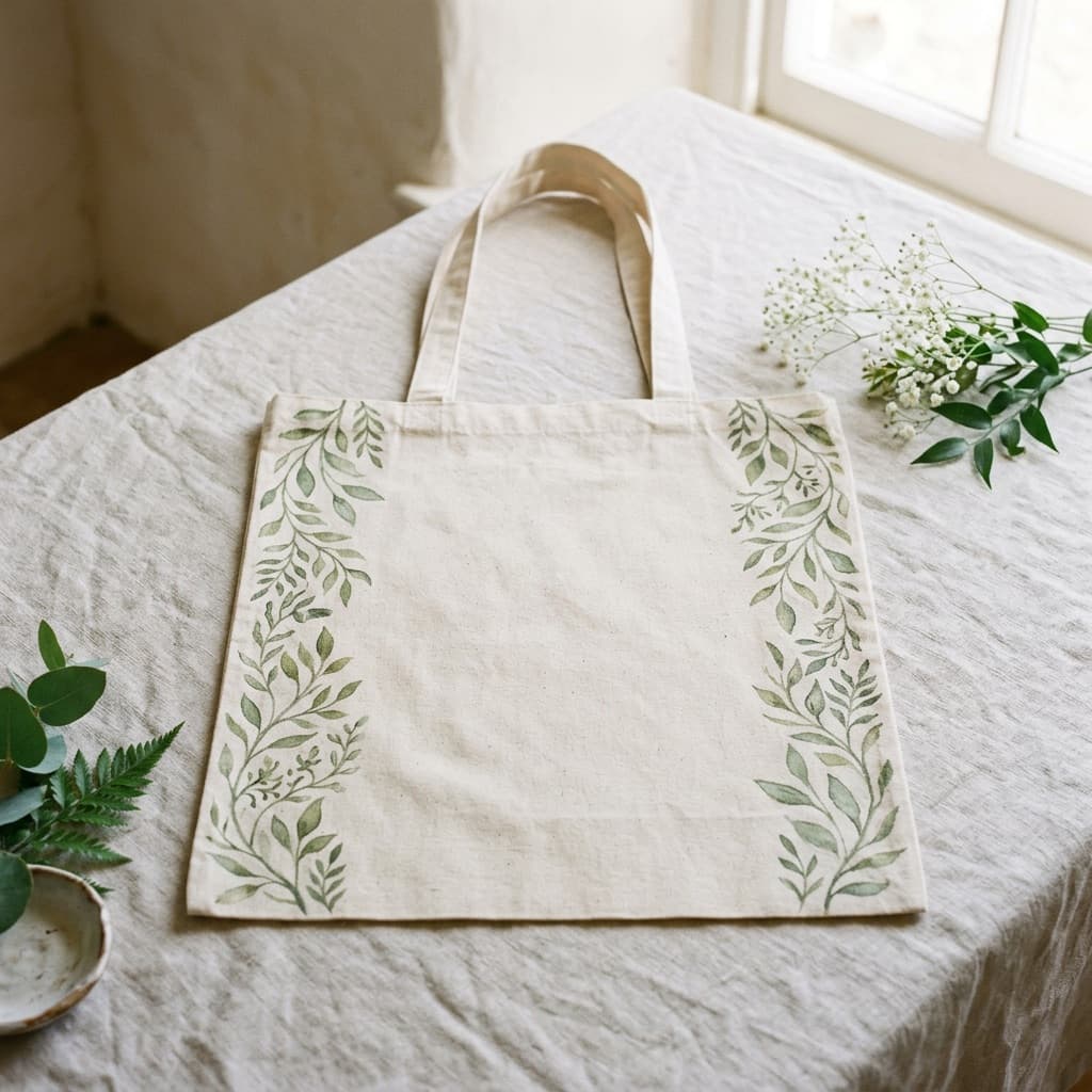 A cotton tote painted with trailing leaves down both sides