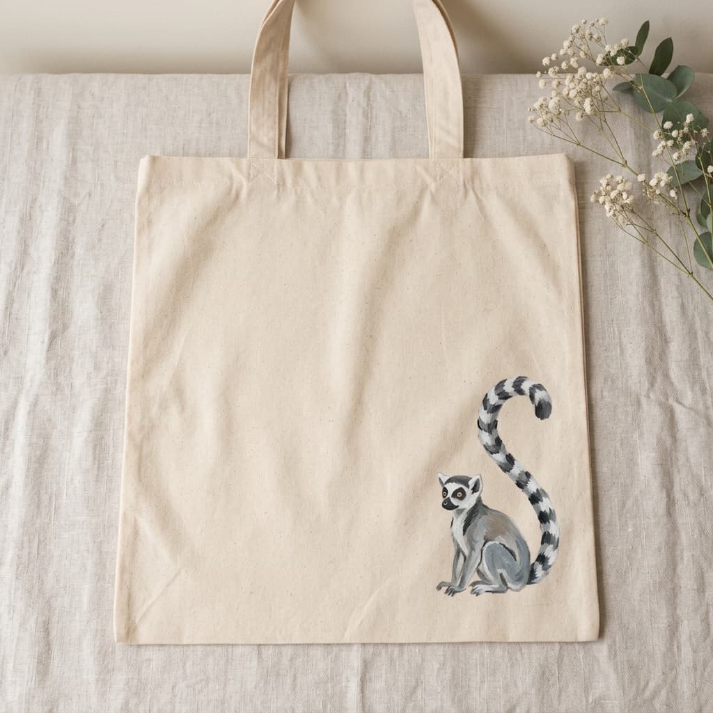 A plain cotton tote bag with a small painted ring-tailed lemur in the lower corner