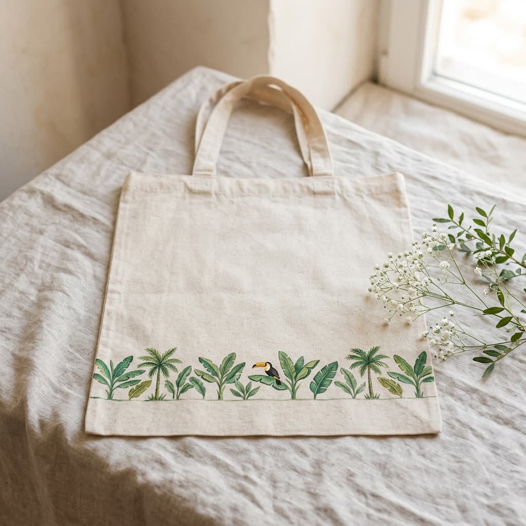 A cotton tote bag painted with small banana palms and a toucan along the bottom edge