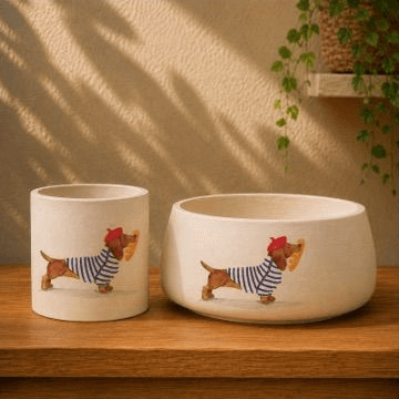 Planter set painted with two dachshunds in striped shirts