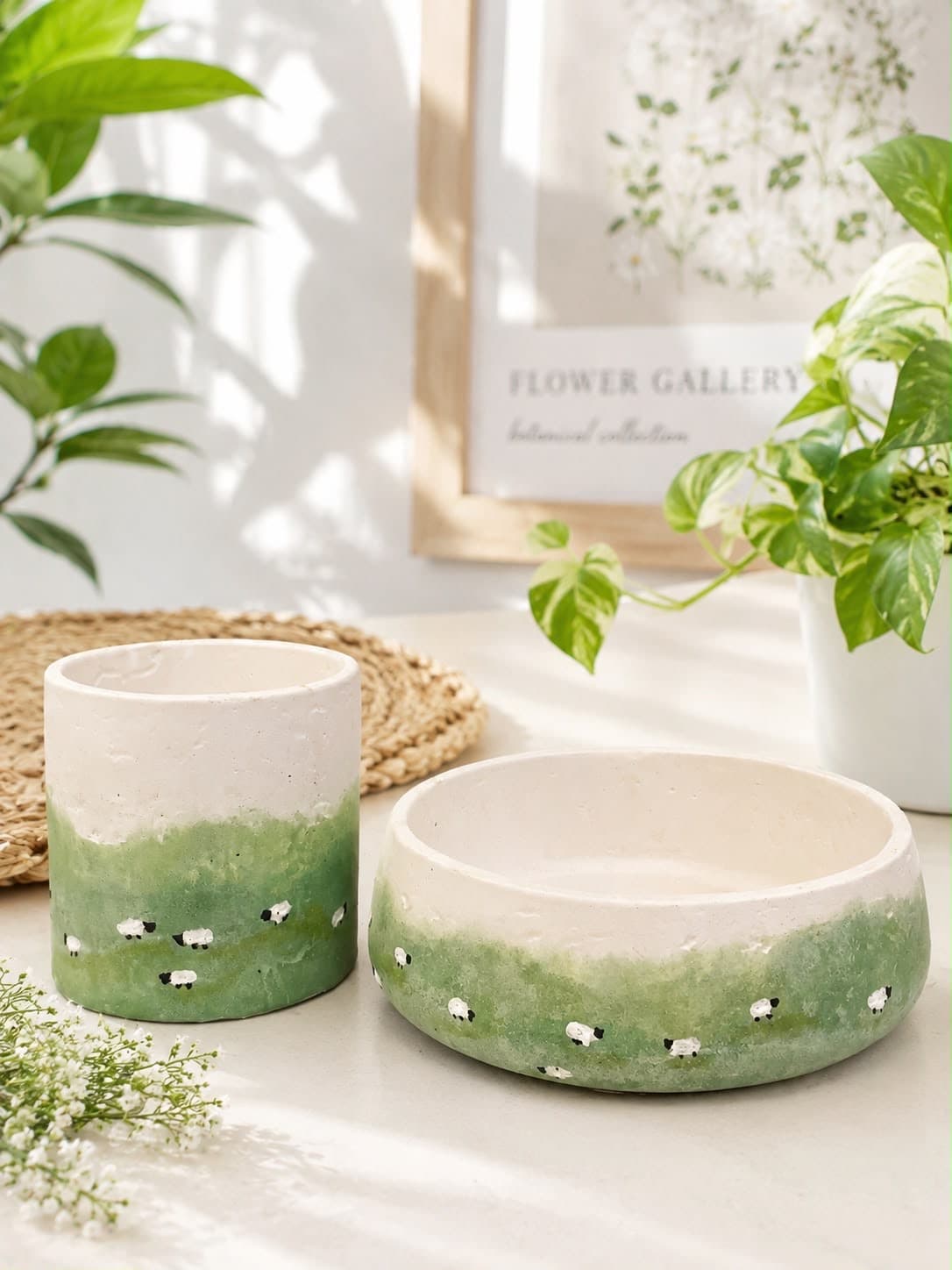 Bowl and pot washed in soft watercolour green with tiny grazing sheep painted along the base