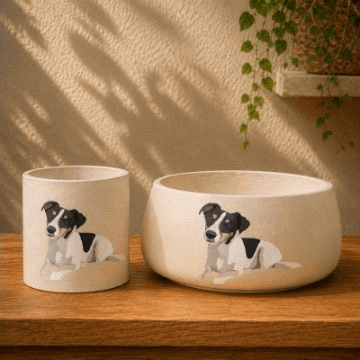 Planter set painted with a white and black jack russell lying down