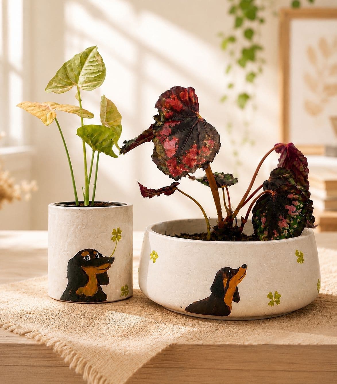 A planter set painted with a black and tan dachshund reaching for a clover, planted with begonias on a woven mat